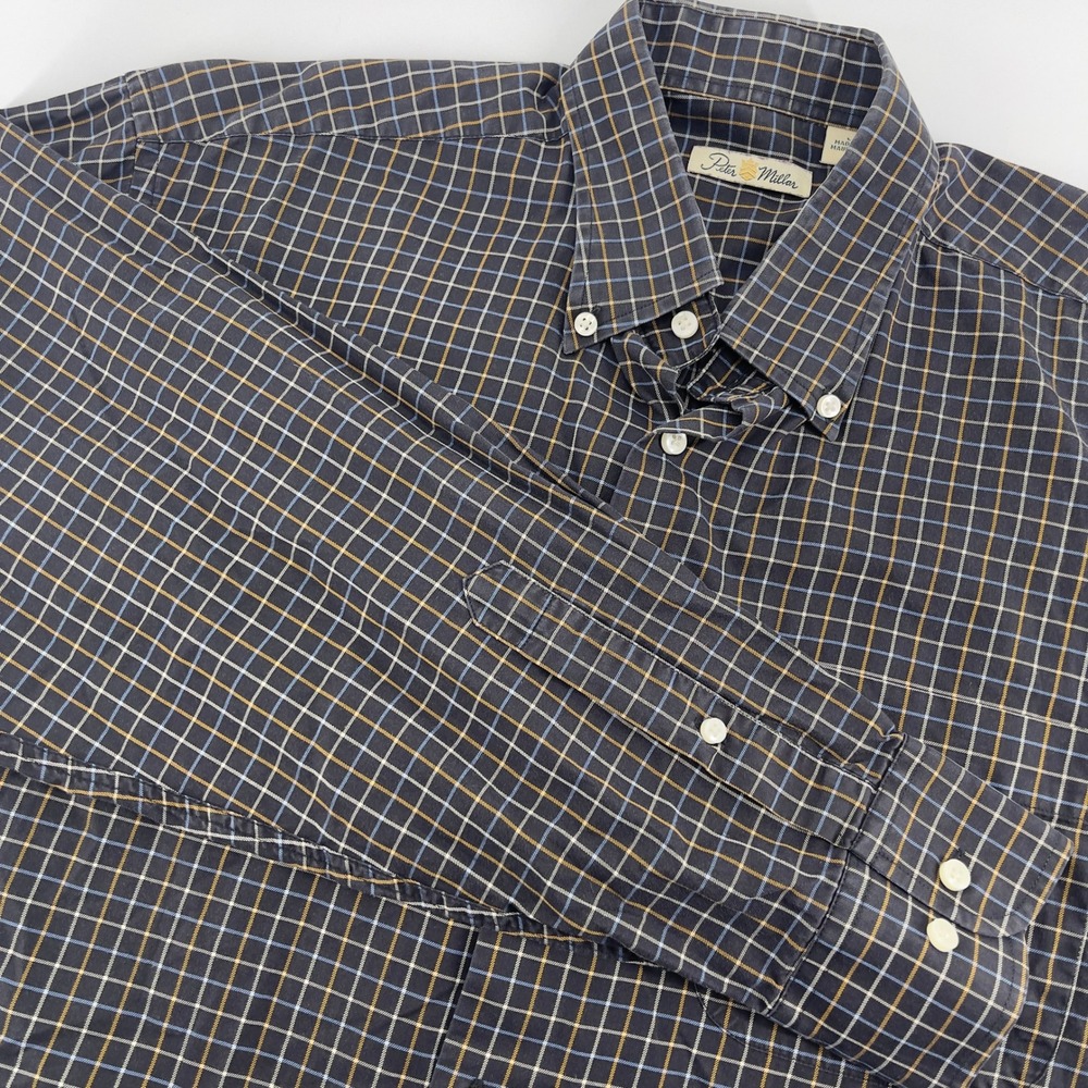 Peter Millar‎ Mens L Gray Plaid Button Up Long Sleeve Shirt Casual
